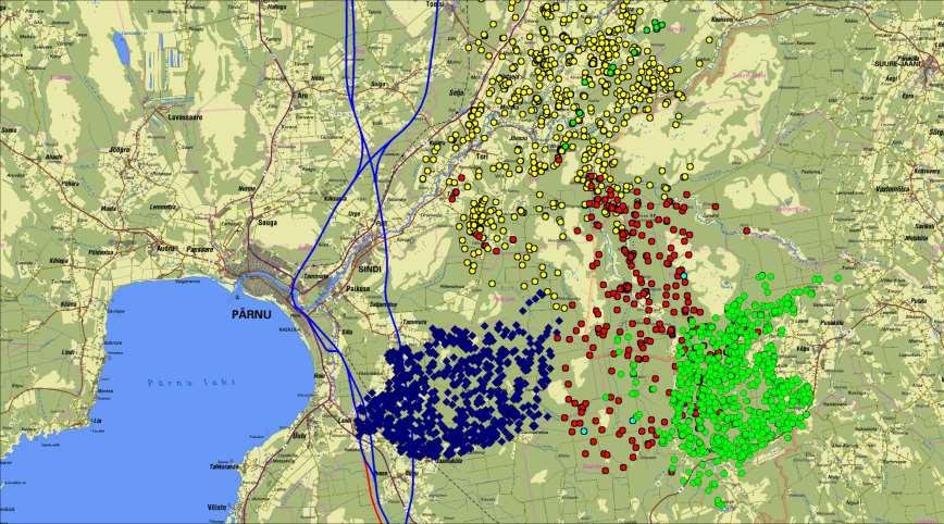 Ilveste GPS asukohapunktid ja Rail Baltica Siniste punktidega märgitud looma territooriumi kese asub