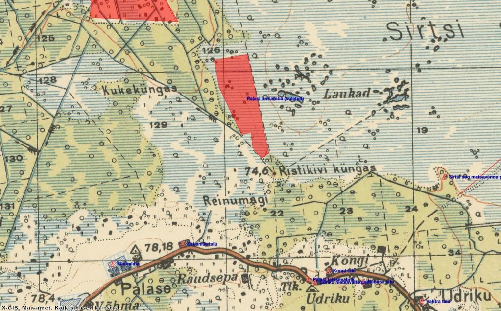 Joonis 9. Palasi turbakaevanduse asukoht märgituna Eesti topograafilisel kaaril 1:50 000. Kaart on koostatud ajavahemikul 1935-1939 (Maa-ameti kaardirakendus).