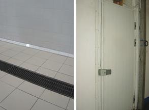 seina ühenduskoht (kergesti puhastatav). Paremal: Jahutusruumi hügieenilisest plastikmaterjalist uks.
