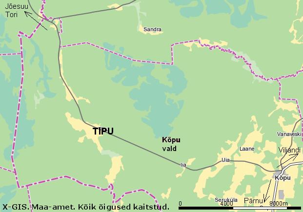 3. ASUKOHT Tipu küla paikneb Pärnu madalikul Halliste jõe vesiknnas (vt. Tipu küla kaart lisa 1). Küla asub Viljandi maaknnas, Kõpu vallas, Kõpu Jõesuu riigimaantee nr. 24151 ääres.