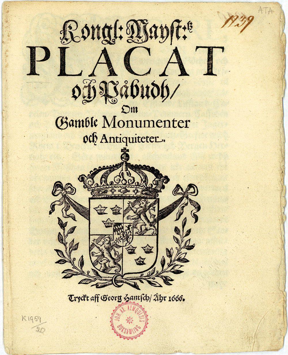 I muinsuskaitseseadus maailmas 1666 Karl XI regendi Hedvig Eleanora plakat Placat och påbudh om gamble