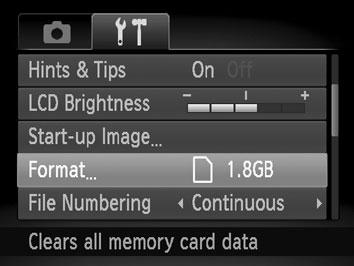 Atminties kortelių sužymėjimas Prieš naudojant naują ar kitais įrenginiais sužymėtą atminties kortelę, kortelę reikia sužymėti šiuo fotoaparatu.