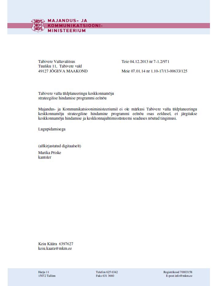 Majandus- ja Kommunikatsiooniministeeriumi 07.01.2014. a kiri nr 1.10.