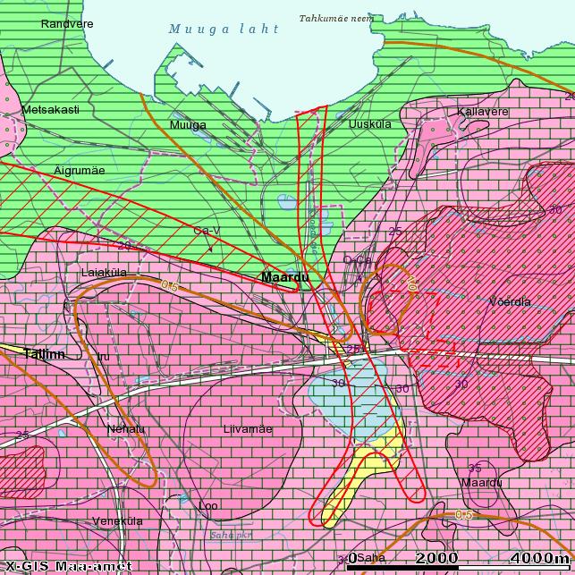 Joonis 5.2 Maardu linna põhjaveekaitstuse kaart Kaitstud põhjaveega ala (reostuskindel) roheline, (Muuga sadam, enamus Muuga elupiirkonnast, osaliselt Kroodi majanduspiirkond).
