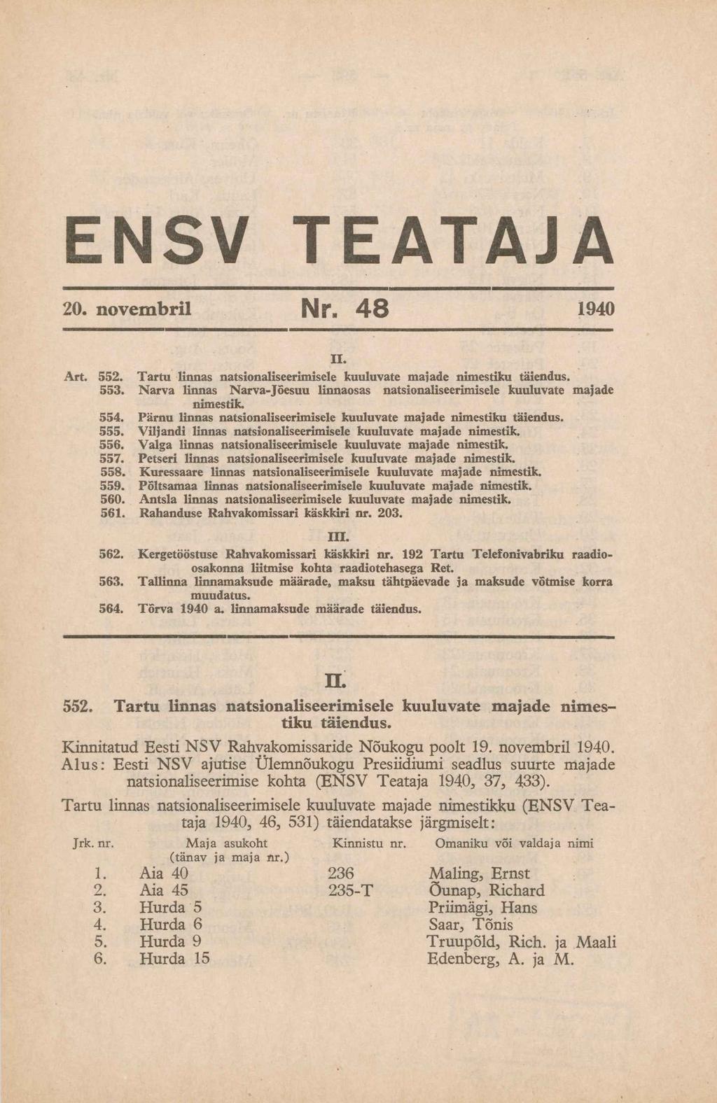 ENSV TEATAJA 20. novembril Nr«48 1940 Art. 552. 553. 554. 555. 556. 557. 558. 559. 560. 561. II. Tartu linnas natsionaliseerimisele kuuluvate maiade nimestiku täiendus.