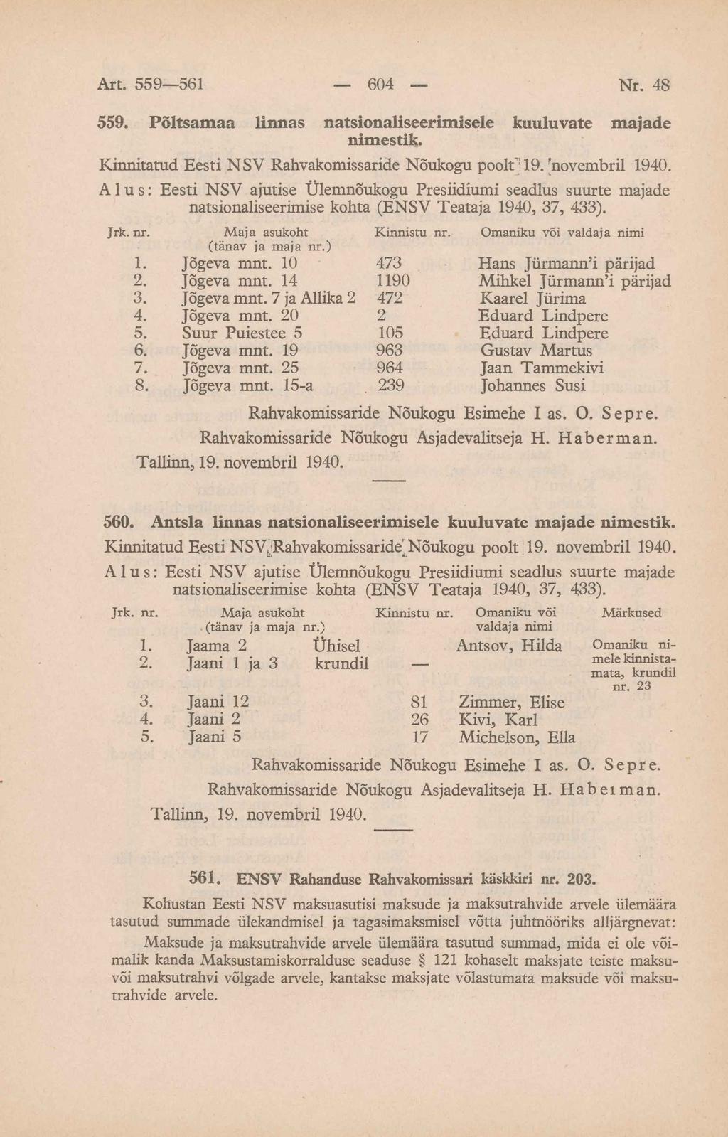 559. Põltsamaa linnas natsionaliseerimisele kuuluvate majade nimestik. Kinnitatud Eesti NSV Rahvakomissaride Nõukogu poolt 19. [novembril 1940. natsionaliseerimise kohta (ENSV Teataja 1940, 37, 433).