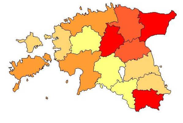 Nakkust registreeriti kõikides maakondades välja arvatud Valgamaal. Kõrgem haigestumus oli Järvamaal (71,2 100 000 elaniku kohta), Ida-Virumaal (22,4) ja Võrumaal (17,7).