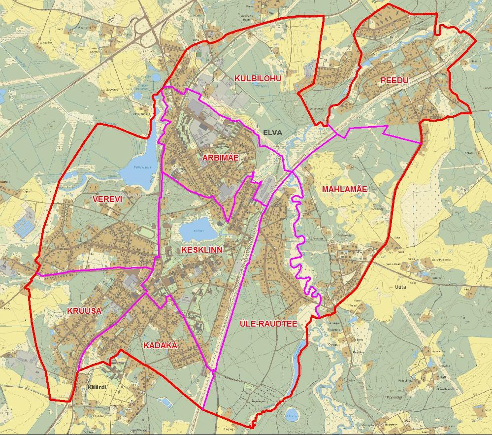 Joonis 1. Elva linna asumite paiknemine (aluskaart: Maa-amet, 2015). 3.