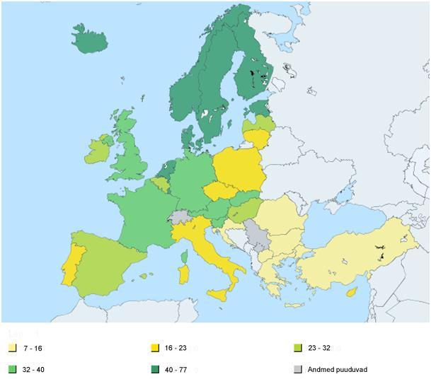 Joonis 2. Viimase kolme kuu jooksul avaliku sektoriga Interneti teel suhelnud inimesed Euroopa Liidu ja Euroopa Majanduspiirkonna riikides (%) Allikas: Eurostat, 2012.