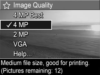 Pildikvaliteet Selle sätte abil saate seada kaameraga pildistatavate fotode eraldusvõime ja JPEG-tihenduse. Image Quality (Pildikvaliteedi) alamenüül on neli sätet. 1.