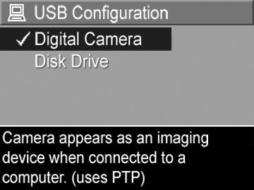 USB-konfiguratsioon See säte määratleb, kuidas kaamerat arvutiga ühendamisel tuvastatakse. 1. Valige häälestusmenüüs Setup Menu (lk 93) USB. 2.