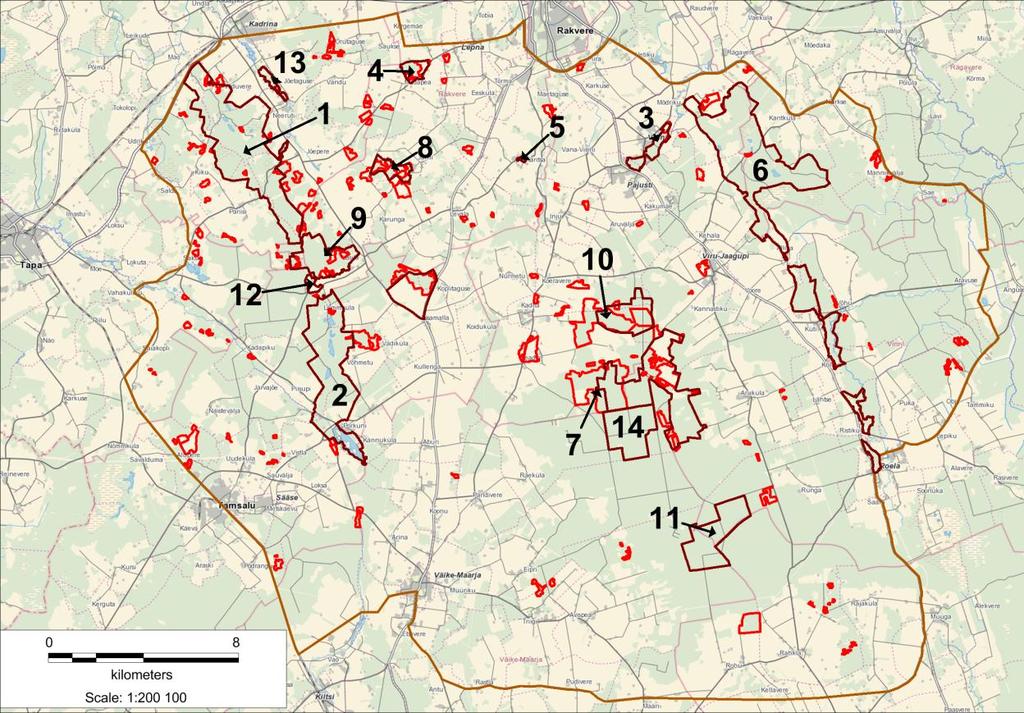 Joonis 8. 1982. ja 1983. aasta aerofotoplaanidelt digiteeritud puisrohumaade paiknemine võrreldes praeguste kaitse all olevate ning pärandkooslusi sisaldavate aladega. Punasega on märgitud 1982.