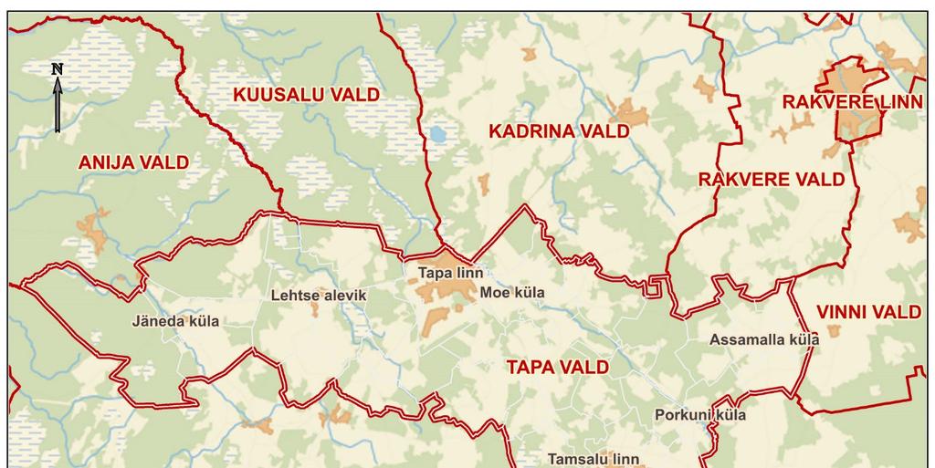 2.2 Tapa valla lühikirjeldus Üldplaneeringu ala, Tapa vald, paikneb Lääne-Viru maakonna lääneosas. Vald piirneb idas Lääne- Virumaa Kadrina, Rakvere, Vinni ja Väike-Maarja valdadega.