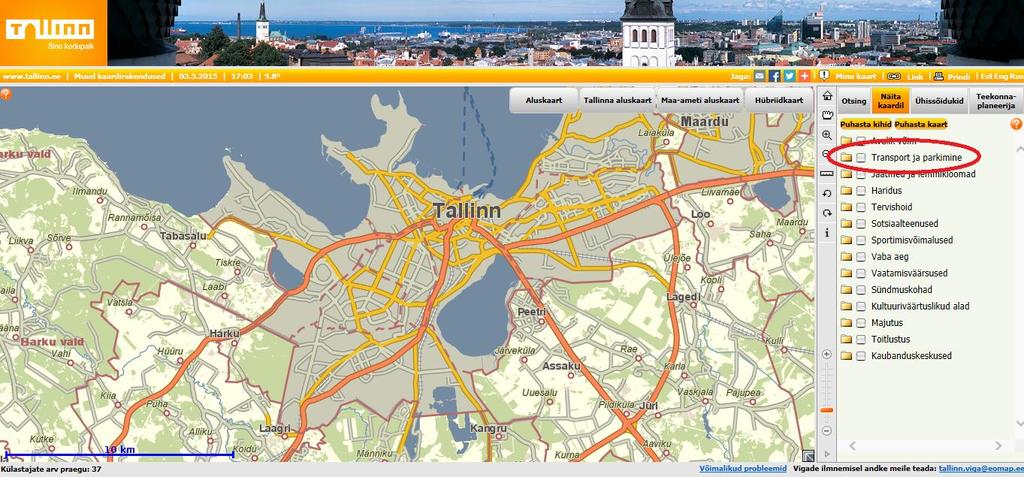 Foto 12. Tallinna kaart [23] Info liiklustiheduse ja kiiruse kohta pärineks liiklusruumi paigaldatud anduritelt ja see edastataks programmi automaatselt.