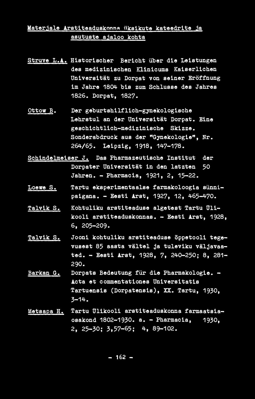 Leipzig, 1918, 147-178. Schindelmelser J. Das Pharmazeutische Institut der Dorpater Universität in den latzten 50 Jahren. - Pharmacia, 1921, 2, 15-22. Loewe S.