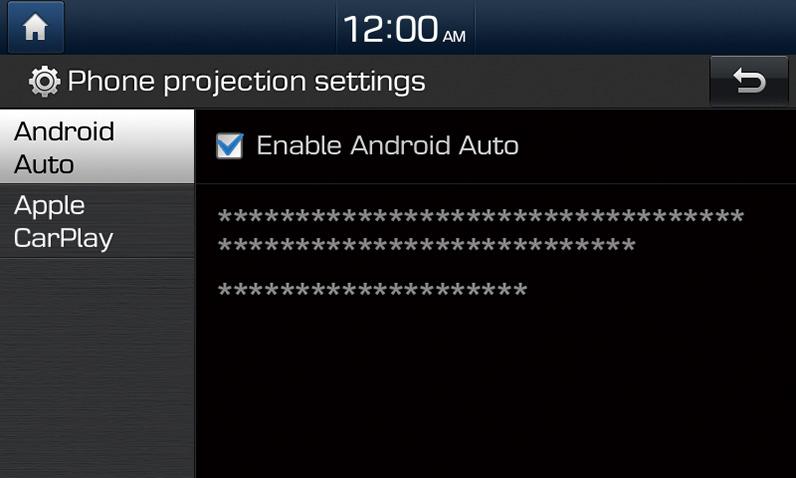 Käivitage Android Auto, järgides alltoodud punkte: 1 Puudutage ekraani avakuval All menus (Kõik menüüd) > Settings (Seadistused) > Phone projection (Telefoni projektsioon) > Android Auto > Enable