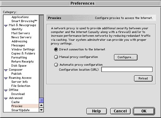 Netscape 1. Ava Netscape ja kliki stop-nuppu. Kliki Edit/Preferences. 2. Vali "Preferences" dialoogikastis vasakpoolses Category, nimetusega tulbas Advanced. Vali Advanced kategooriast Proxies. 3.