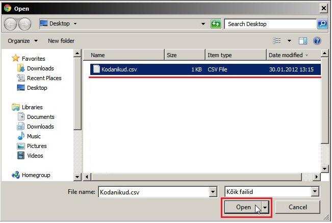 Kliki nupul vali fail ja otsi arvutist loodud CSV fail ning laadi see fail seejärel süsteemi. Vajuta nupule Impordi.
