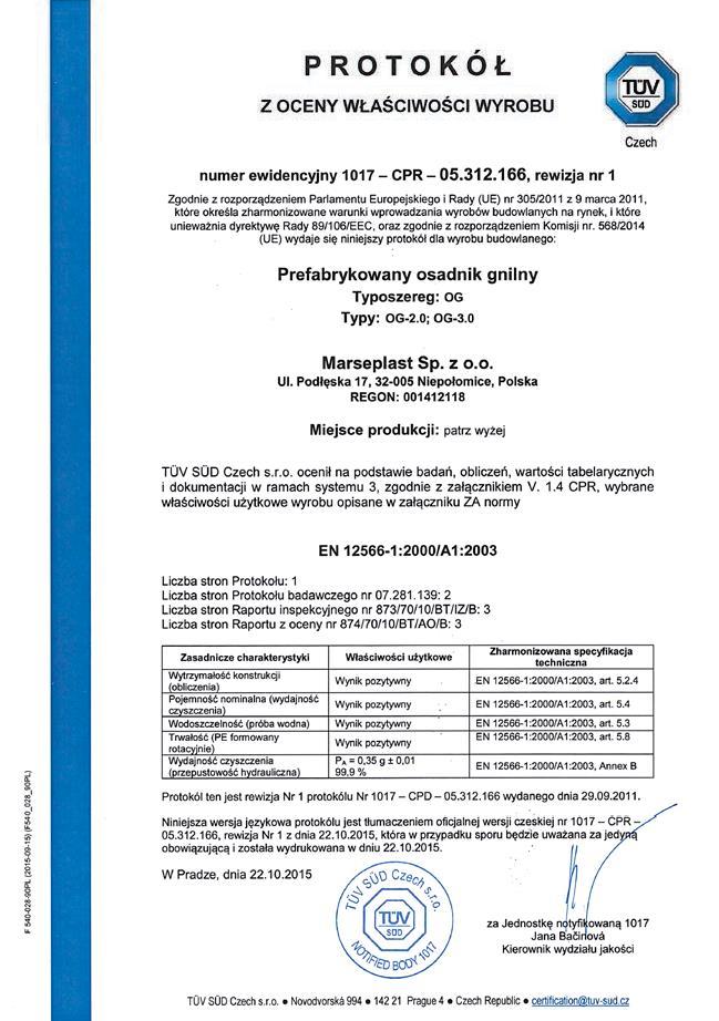 8. Tunnistused TOOTE OMADUSTE HINDAMISE PROTOKOLL Czech viitenumber 101 -CPR-05.312.166, läbivaatus nr 1 Kooskõlas Euroopa Parlamendi ja nõukogu 9. märtsi 2011.