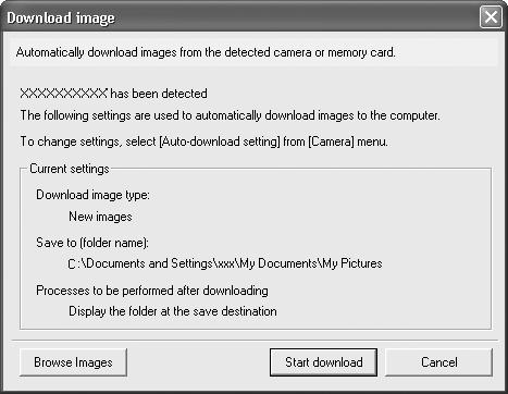 ZoomBrowser EX esmakordselt käivitamisel kopeeritakse kõik pildid (mida varem ei ole arvutisse alla laaditud) allalaadimise aknas, [Save to] määranguga valitud kataloogi.