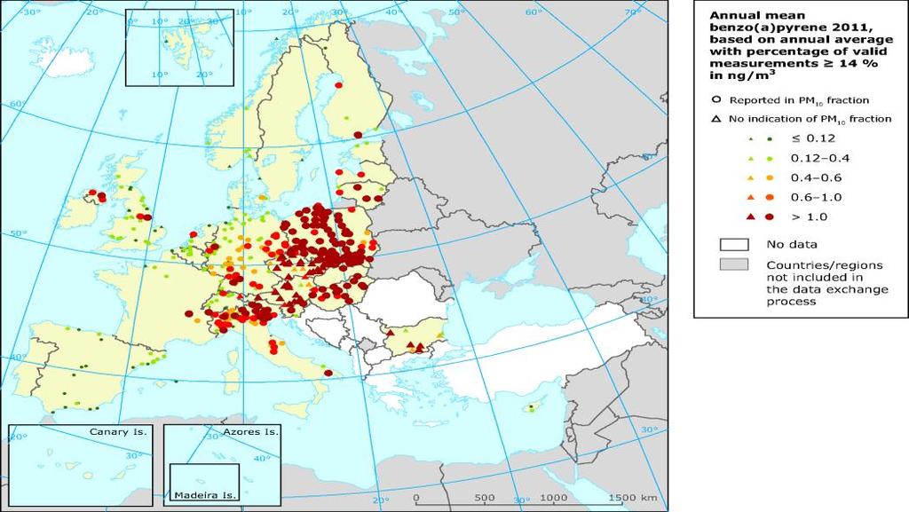 Tabel 2. Bensopüreeni tase 2011 a. (URL:http://www.eea.europa.eu/data-and-maps/figures/annual- mean-concentrations-of-benzo/air-quality-2013_map_8-2- track16876_airbase_2011_concentration_bap.