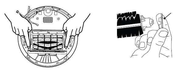 3) Roomba harjade puhastamine A. Eemalda kaitsevõre, hoides kinni mõlemast kollasest päästikust B. Eemalda hari ja lõika ära karvad, mis on ümber harja kerinud.