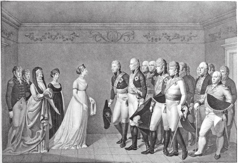 Napoleoni sõdade kaja Eesti kunstikogudes 113 Johann Friedrich Bolt Heinrich Anton Dählingu järgi, Keiser Aleksander I kohtub Memelis kuningas Friedrich Wilhelm III ja kuninganna