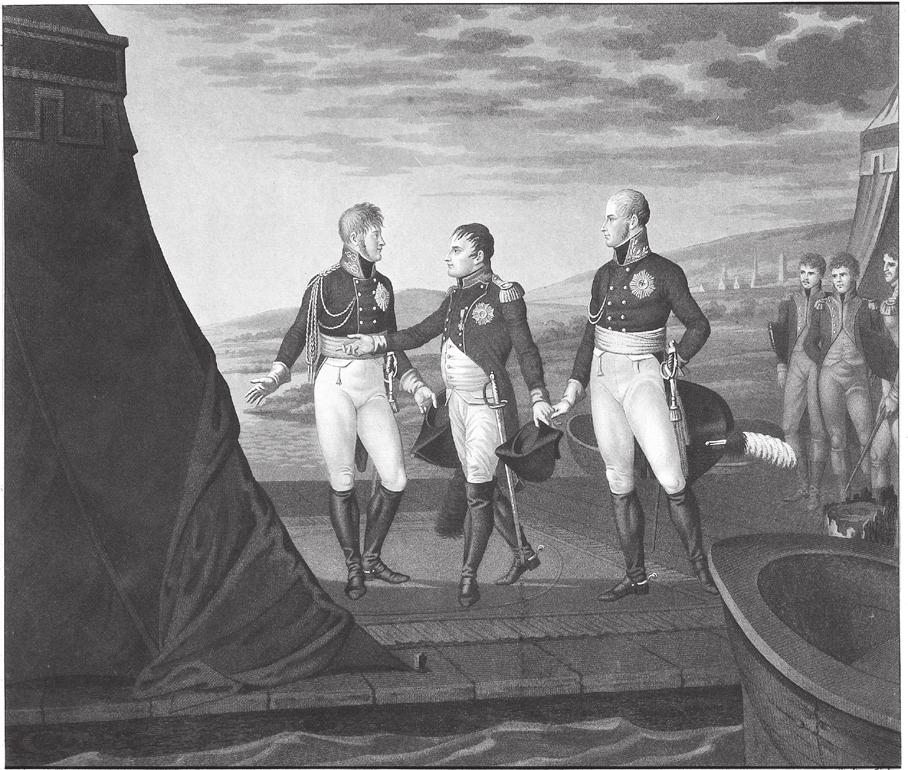 Napoleoni sõdade kaja Eesti kunstikogudes 117 Friedrich Jügel Ludwig Wolffi järgi, Keiser Napoleoni ja keiser Aleksandri ja kuningas Frierdich Wilhelm III kohtumine Tilsitis Neemeni paviljonis 26.