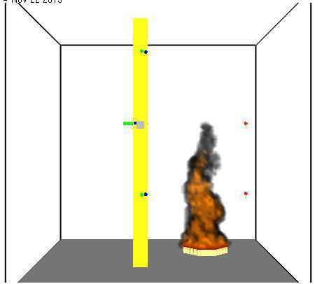 Joonis 3.6 FDS abil modelleeritud ja katses pildistatud leegi kuju võrdlus, FireSERT katse Post I2 - I11 [16] 3.2.3.1 Turbulentsi mudel CFD ülesannete lahendamisel on fundamentaalse tähtsusega turbulentsi (vedeliku kiiruse ja rõhu kaootilised muutused) õige modelleerimine.