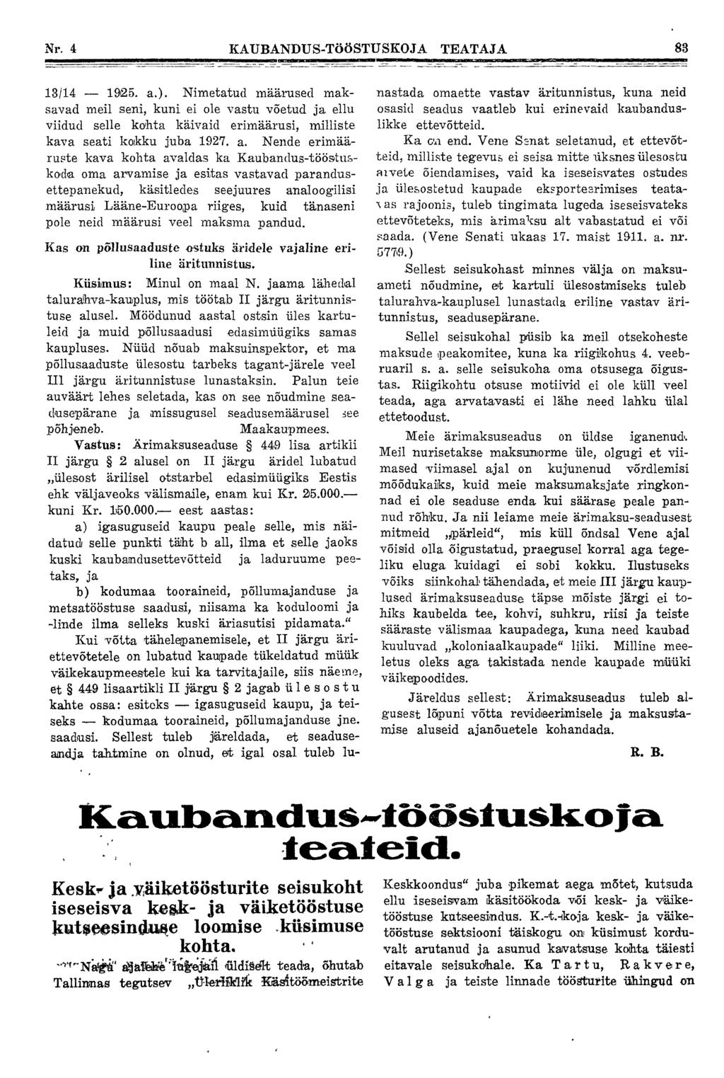 Nr. 4 KAUBANDUS-TööSTUSKOJA TEATAJA 83 13/14 1925. a.).