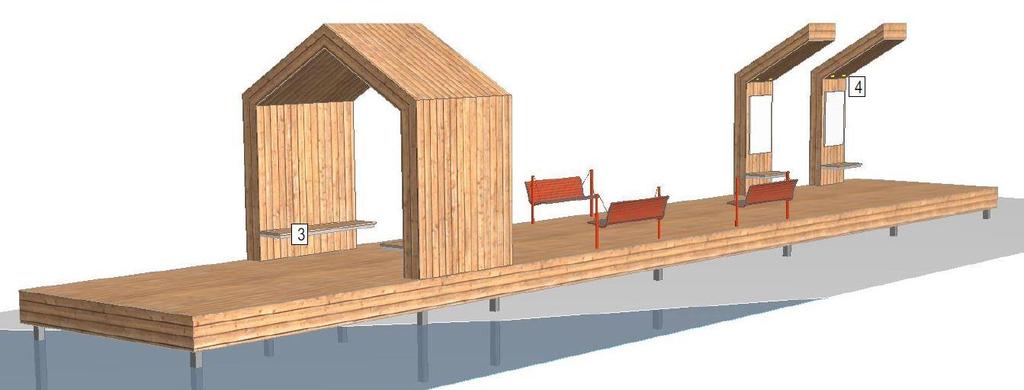 21. Vaade Hanseni allee lõpetusele (paviljonid, stendid ja sild naturaalsest lehisest; valgustatud esitluspinnad (4) ja puidust istumispinnad (3)) Paviljon ja stendid on valmistatud puidust ning