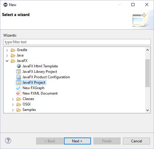 Selleks tuleb valida Eclipse-s File -> New -> Other Joonis 14 JavaFX projekti loomine Edasi tuleb valida JavaFX ja sealt alt JavaFX Project