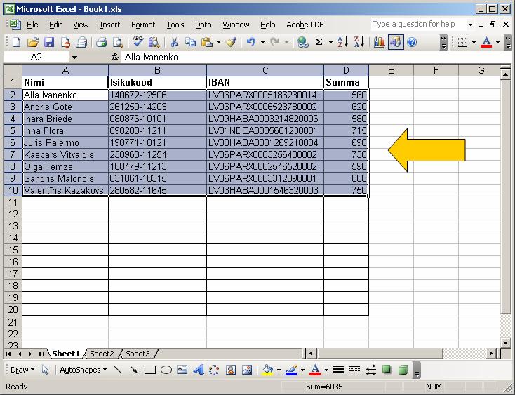 1. Avada sisestamisaken Palga avaldus valides DIGI::FIRMA süsteemis ülamenüüst Fail ja Uus palga avaldus. 2. Selekteerida ja kopeerida palga andmed Exceli failist nii nagu on näidatud pildil.