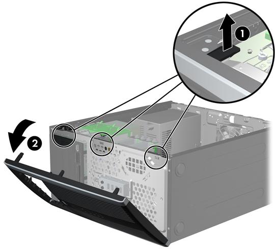 Esipaneeli eemaldamine 1. Eemaldage või vabastage igasugused turvaseadmed, mis takistavad arvuti avamist. 2. Eemaldage arvutist kõik irdkandjad, nagu laserplaadid või USB-välkmäluseadmed. 3.