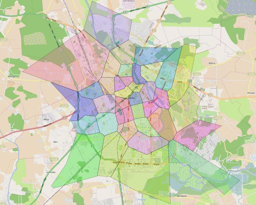 Uuringus on toodud liikumised kolmel tasandil: Tartu linn jagatuna tsoonideks (joonis 2) Tartu lähiümbrus jagatuna
