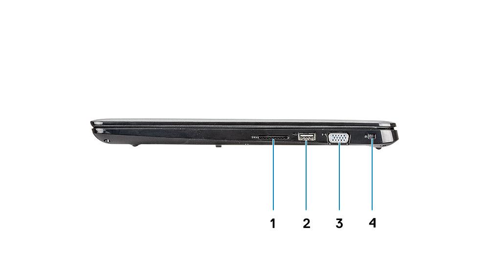 1 Toitekonnektor 2 Aku oleku märgutuli 3 C-tüüpi USB 3.1 (1. põlvkond) toitevarustuse ja pordiga DisplayPort 4 HDMI 1.4-port 5 Võrguport 6 USB 3.1 (1. põlvkond) koos PowerShare iga 7 USB 3.