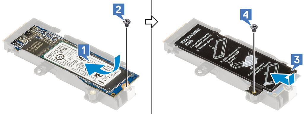 7 M.2 SSD mooduli paigaldamiseks (pesa 4): a asetage M.2 SSD SSD-hoidikul olevasse pesasse [1]. b Kinnitage üks (M2,0 3,0) kruvi M.2 SSD SSD-hoidiku külge kinnitamiseks [2]. c Asetage termoplaat M.