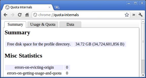 Chrome i käsklused Eesmärk Ekraanipilt chrome://quota-internals See annab teavet