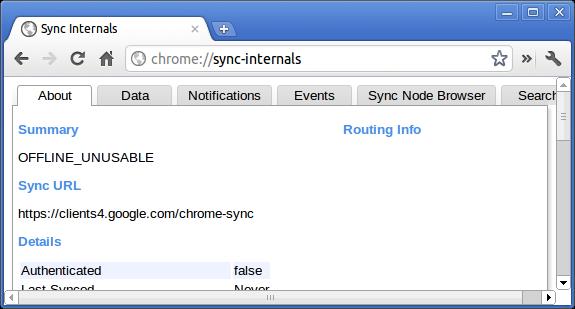 Chrome i käsklused Eesmärk Ekraanipilt chrome://sync-internals See annab teavet Chrome i sünkroonimisfunktsiooni, sh Google i kasutatava sünkroonimise URL-i kohta, ja sünkroonimise statistikat.