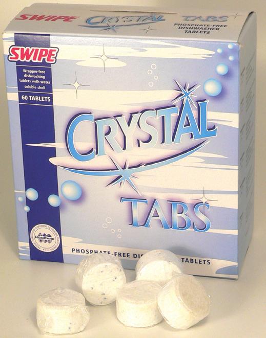 Loodussõbralik Crystal Tabs on fosfaadivaba. Pakend sisaldab 60 tabletti Ø26 mm. Tableti kaal 13 g. KASUTAMINE: 1 tablett iga pesu kohta. Eelnevalt loputada tugevalt määrdunud nõud.