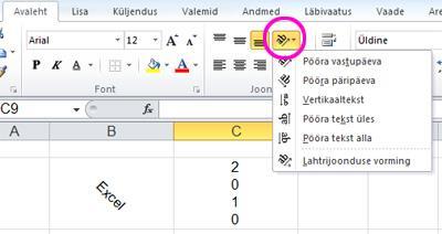 Sisu paigutamine Excel saab kenasti hakkama ka teksti paigutamisega lahtris ning lisaks saab määrata ka teksti suuna. Vaikimisi paigutatakse tekstid vasakule ja numbrid paremale.