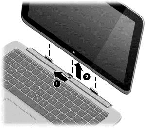 Tahvelarvuti vabastamine klaviatuurikorpuse küljest Tahvelarvuti vabastamiseks klaviatuurikorpuse küljest tehke järgmist. 1. Lükake klaviatuurikorpusel olevat riivi vasakule (1). 2.