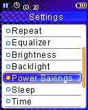 Voolu sääst (Power Savings) Kasutage Voolu säästmise Power Savings funktsiooni MP4 mängija automaatseks välja lülitamiseks, kui seda ei ole kasutatud mõnda aega. 1.