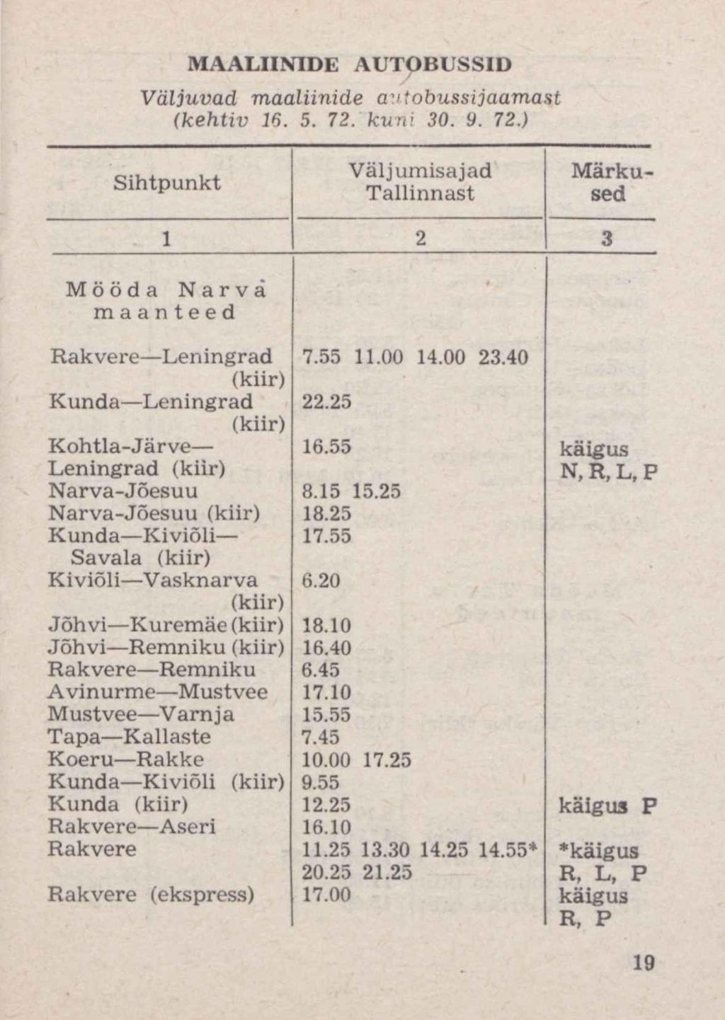 MAALIINIDE AUTOBUSSID Väljuvad maaliinide autobussijaamast (kehtiv 16. 5. 72. kuni 30. 9. 72.) Sihtpunkt Väljumisajad Tallinnast Märkused 1 2 3 Mööda Narva maanteed Rakvere Leningrad 7.55 11.00 14.