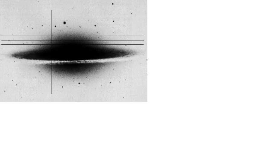Joonis 5.3: Galaktika fotomeetriline kujutis. Jooned märgivad sirgeid, kus on mõõdetud kiiruste dispersioone. te dispersioonidega.