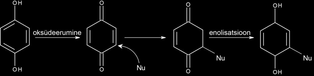 Skeem 1. Hüdrokinooni oksüdeerumine bensokinooniks. Arvatakse, et reaktsioon hapteeni ja valgu vahel toimub hüdrofoobses keskkonnas (nagu rakumembraan).