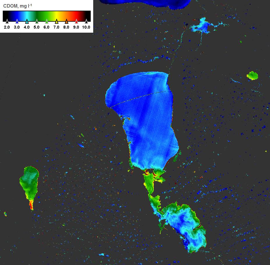 Andreeva joonis); c) kaugseire andmed klorofüll-a sisalduse kohta järveosades (21.08.2015, satelliidipilt K. Toming).