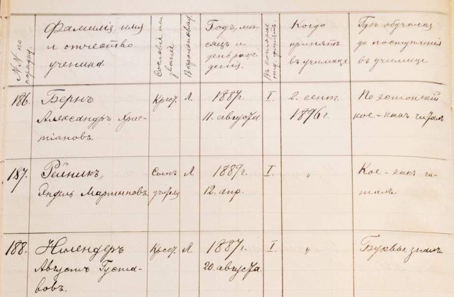 Foto 7. Väljavõte kooli vastu võetud õpilaste nimekirjadest 1889 1905. Sissekanne nr 187 on koolijuhataja Mart Reiniku poja Endel Reiniku kohta.