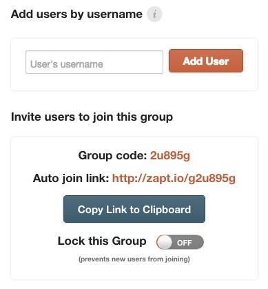 Liige lisatakse automaatselt nimekirja. b. Jaga grupi koodi - kõik Zaption kasutajad saavad liituda grupiga, sisestades rühma koodi c. Kutsu inimesed grupiga liituma jagades neile Auto-Join linki.