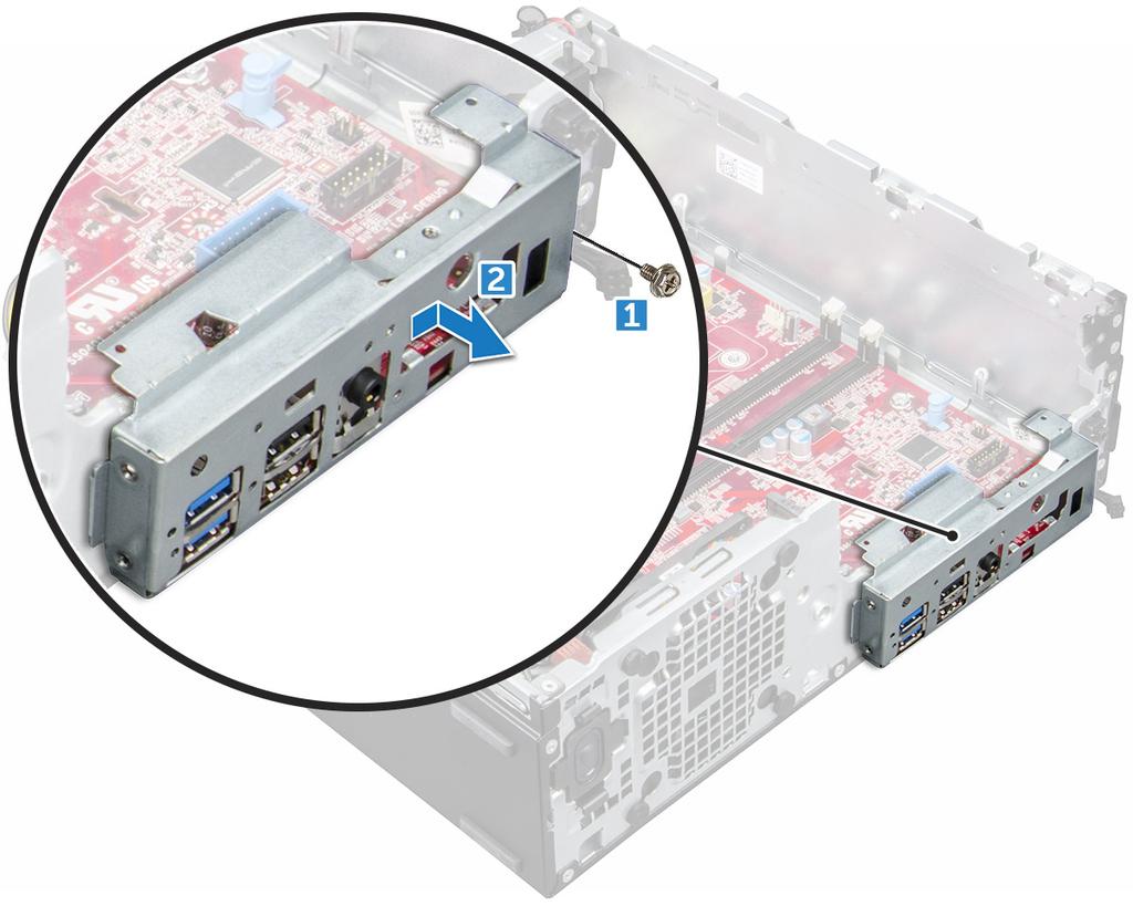 c d e f g h i jahutusradiaator protsessor laienduskaart kõvaketas ja optilise ketta moodul mälumoodul M.2 PCIe SSD SD-kaardi lugeja 3 I/O-paneeli eemaldamiseks tehke järgmist.